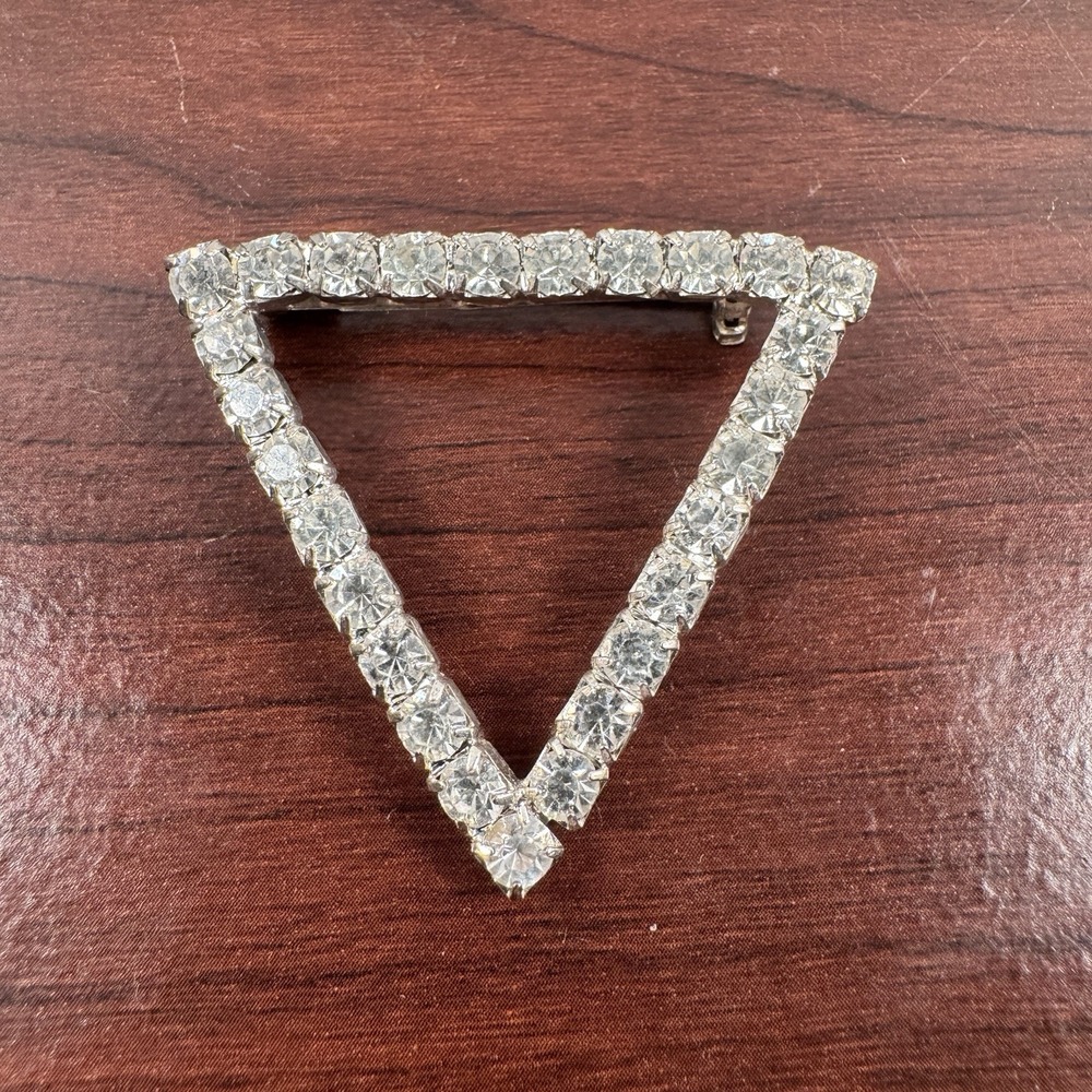 Vintage Rhinestone Triangle Delta Shape 1 3/4” Sparkly Lapel Pin Brooch